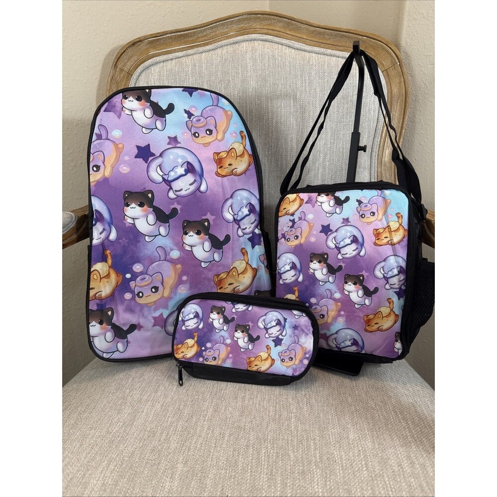 3 Piece Backpack bundle Cat kitten chibi Artsy Cartoon Children travel school OS